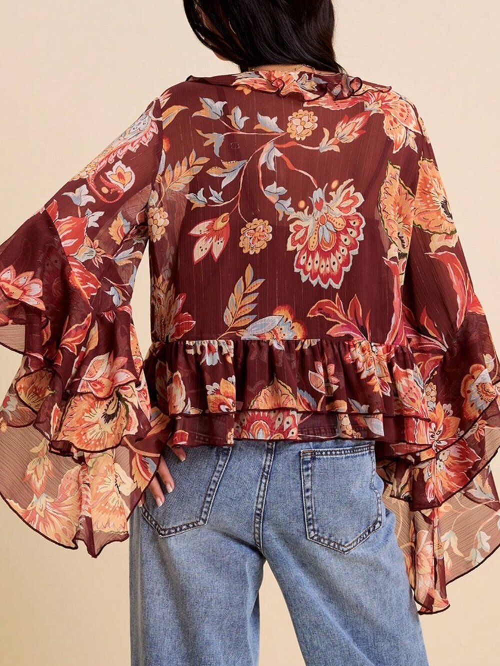 Multicolor Boho Women's V-Neck Long Sleeve Blouse with Ruffle Asymmetrical Hem - Picture 2 of 9